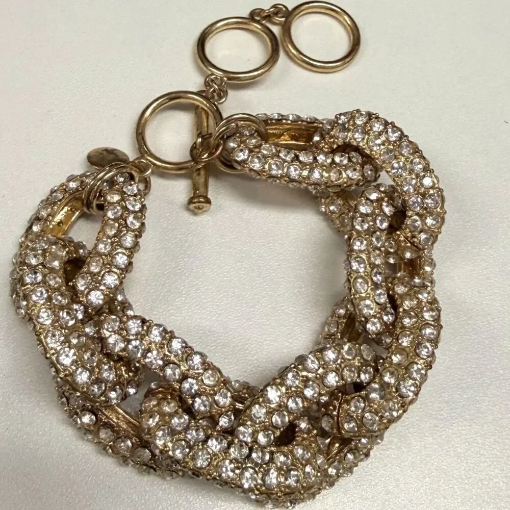 J.Crew Archive Pavé Crystal Chunky Chain Link Bracelet Gold Tone Toggle Closure